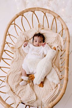 "Hello World" Chunky Knit Romper - Caramel Font