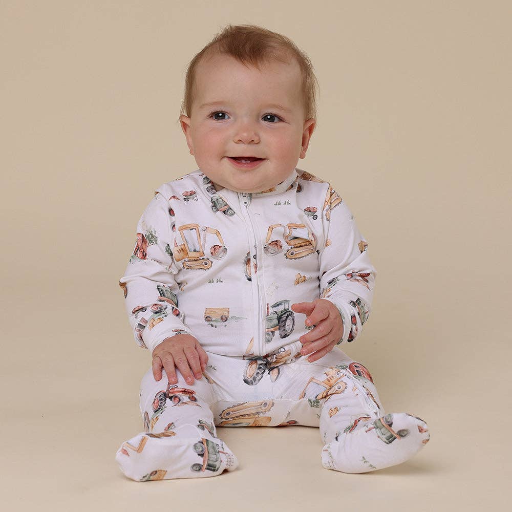 Snuggle Hunny - Diggers & Tractors Organic Snuggle Sleepsuit Zip Footie