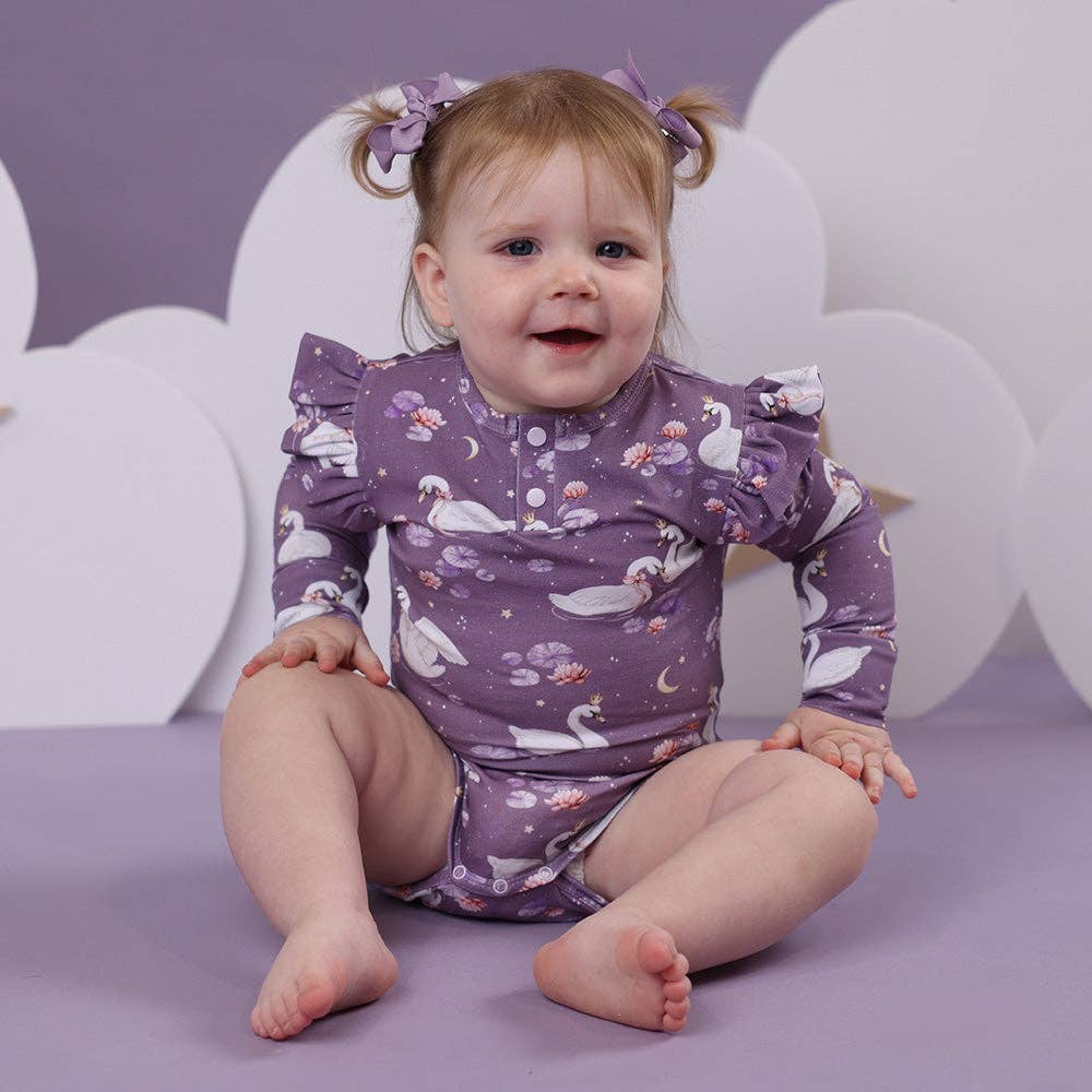 Snuggle Hunny - Midnight Swan Long Sleeve Organic Bodysuit with Frill