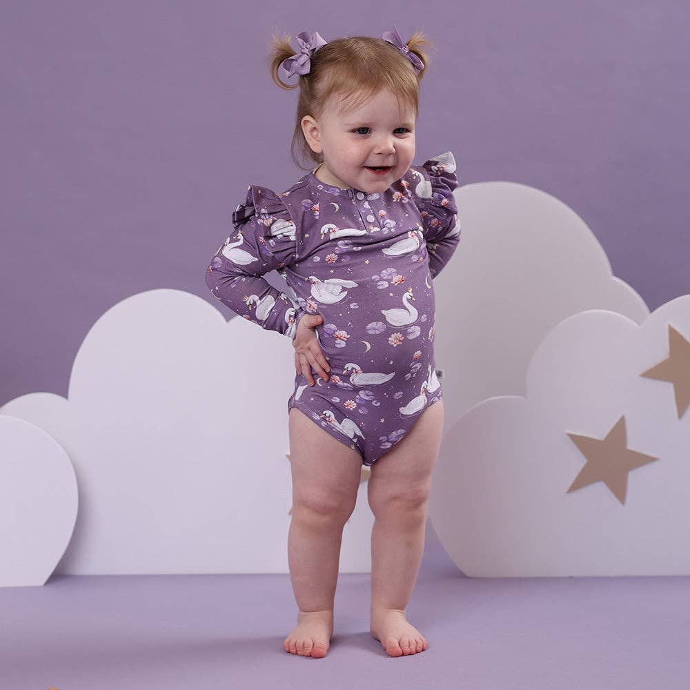 Snuggle Hunny - Midnight Swan Long Sleeve Organic Bodysuit with Frill