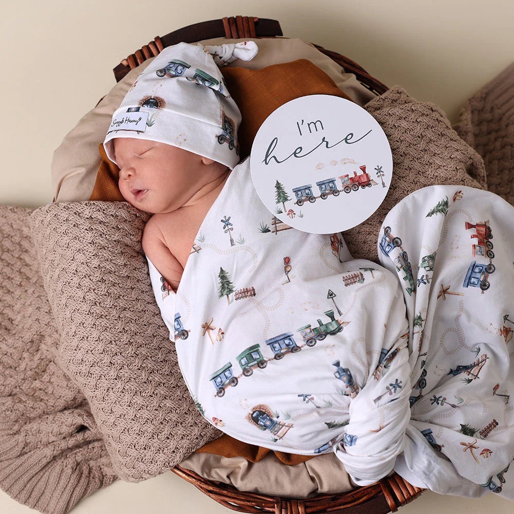 Trains Organic Jersey Wrap & Beanie Set
