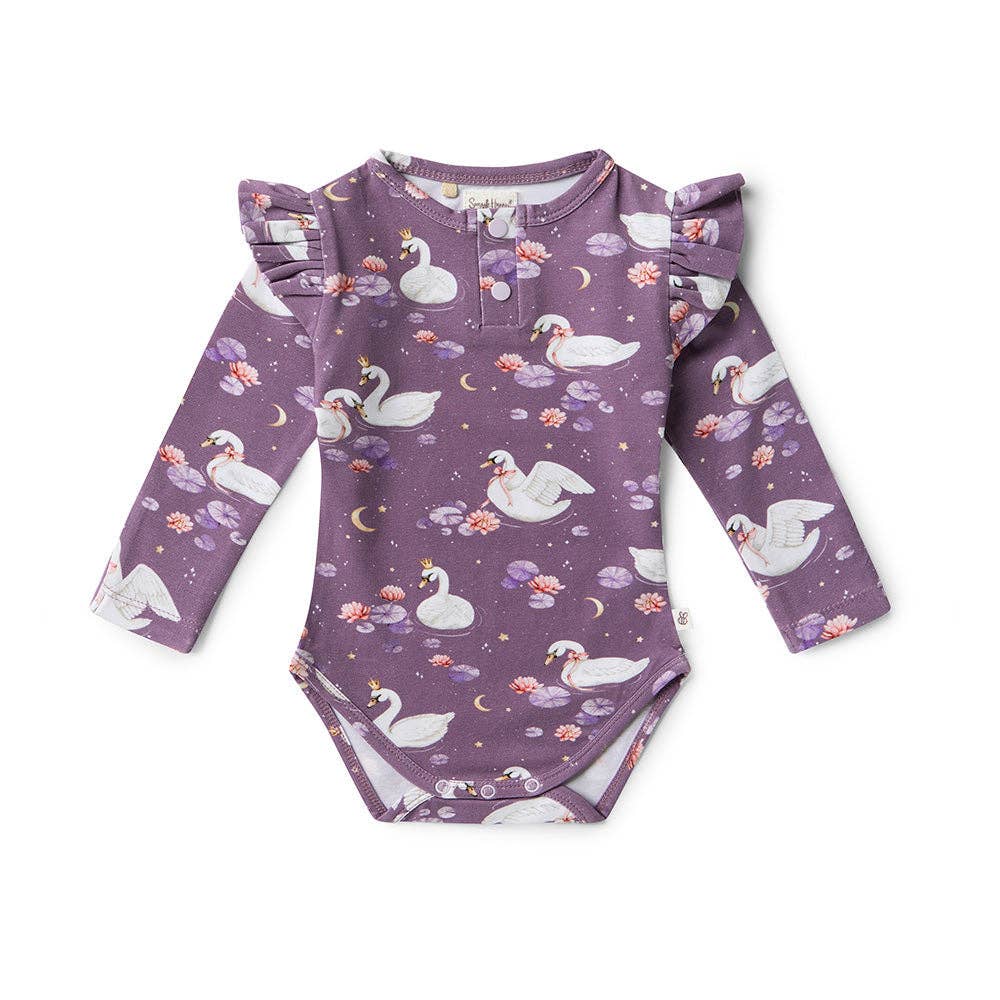 Snuggle Hunny - Midnight Swan Long Sleeve Organic Bodysuit with Frill