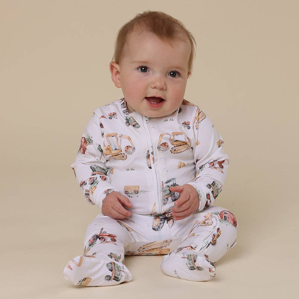 Snuggle Hunny - Diggers & Tractors Organic Snuggle Sleepsuit Zip Footie