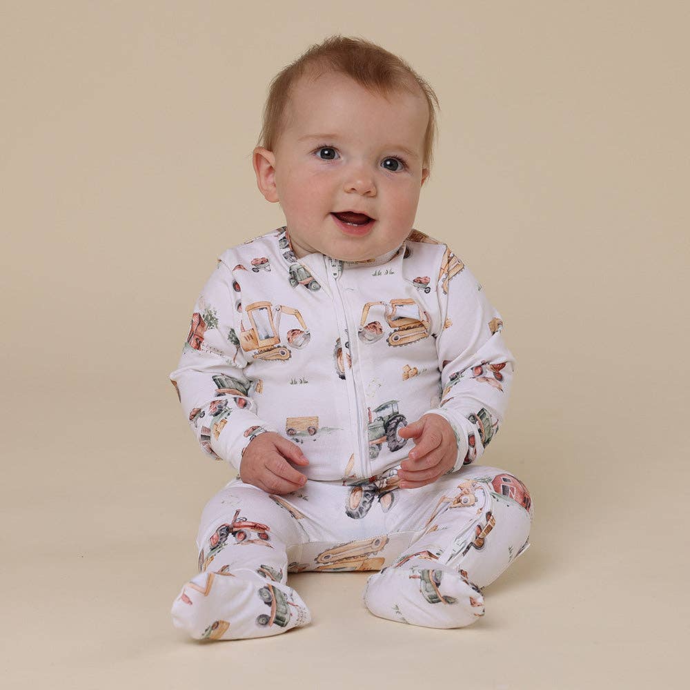 Snuggle Hunny - Diggers & Tractors Organic Snuggle Sleepsuit Zip Footie