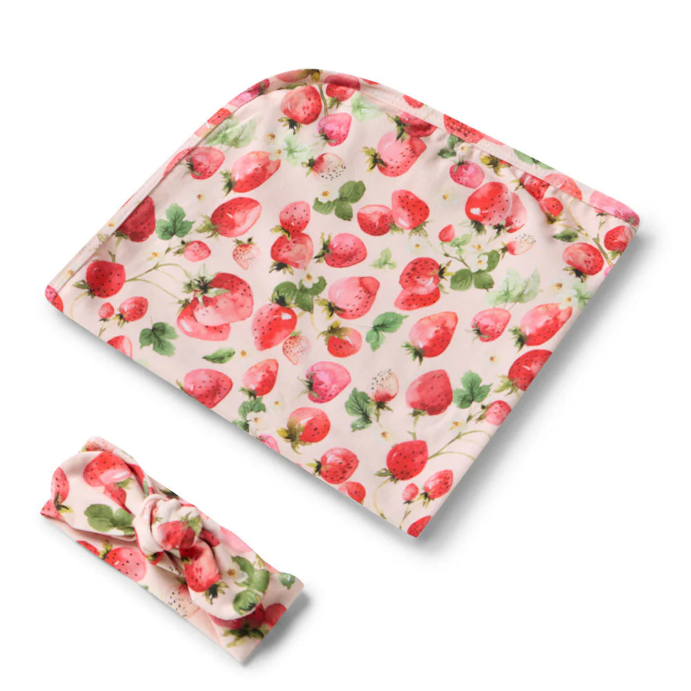 Snuggle Hunny - Strawberry Organic Jersey Wrap & Topknot Set
