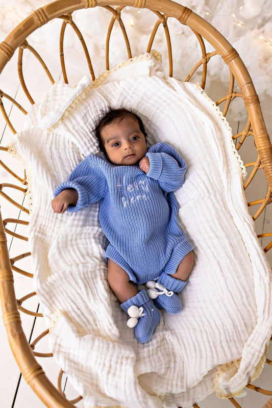 "He's Here" Chunky Knit Romper - Sky