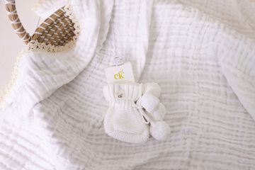 Knitted Baby Booties | White Poms