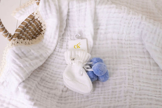 Knitted Booties Blue Poms