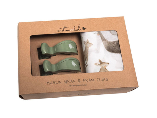 Emotion & Kids - Australiana Muslin Wrap & Sage Pram Clip Set