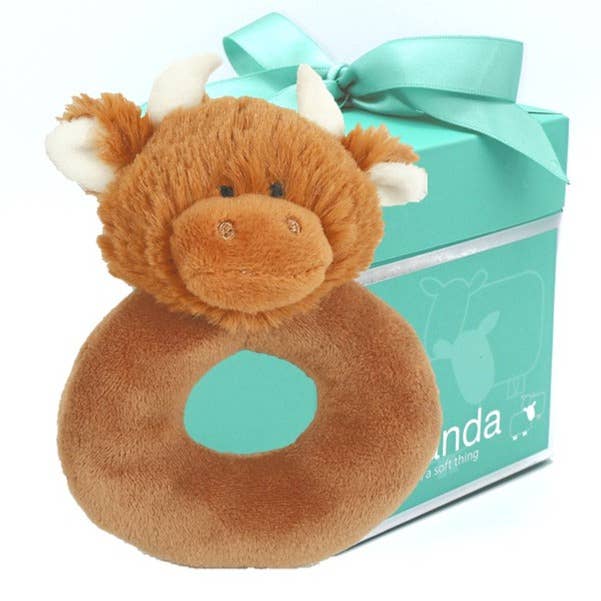 Jomanda Soft Toys & Accessories - Scottish Highland Brown Cow Baby Plush Soft Toy Rattle -10CM