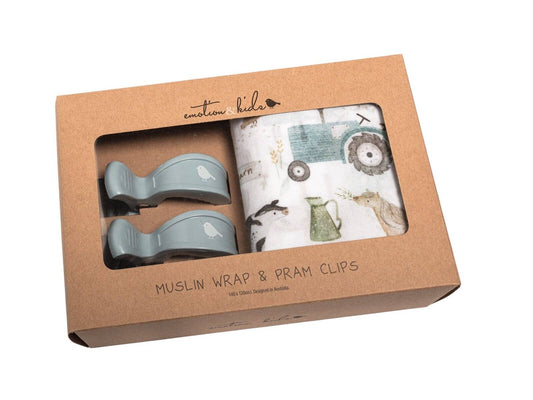 Emotion & Kids - Farm Muslin Wrap & Dusty Blue Pram Clip Set