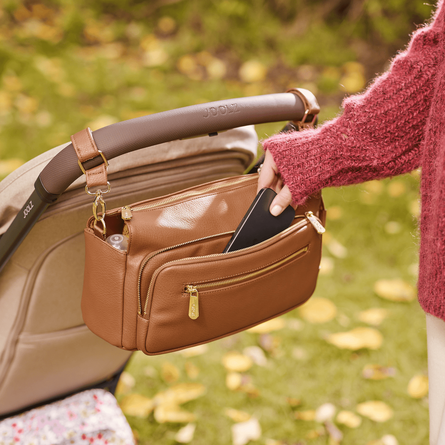 OiOi - Multitasker Pram Caddy - Chestnut Brown Vegan Leather