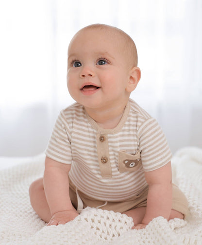 Lūmmi in Colour Babywear - Organic Cotton Short Sleeve Bodysuit - Bear & Oat Stripes