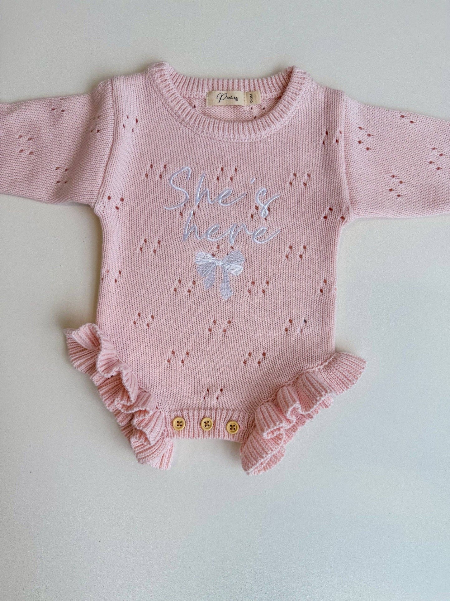 Petite + Co - SHE'S HERE BOW - POINTELLE FRILL ROMPER | BABY PINK