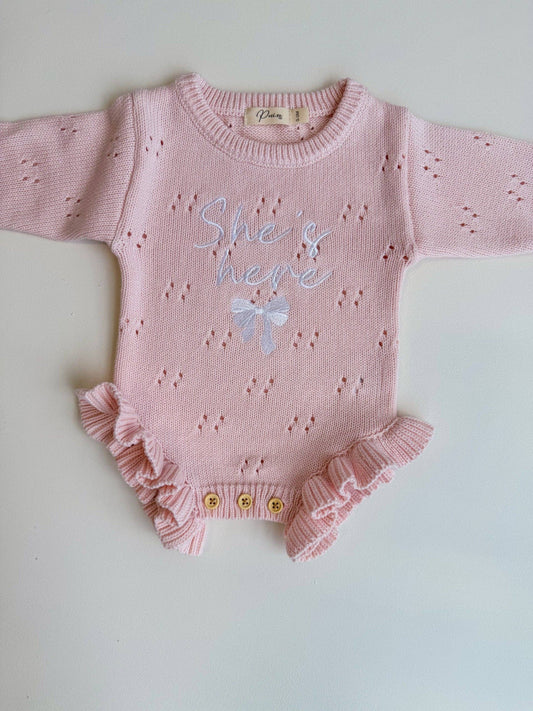Petite + Co - SHE'S HERE BOW - POINTELLE FRILL ROMPER | BABY PINK