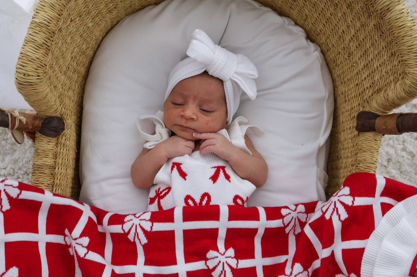 Petite + Co - FRILL CHECK BOW BLANKET| RED + MILK | REVERSIBLE