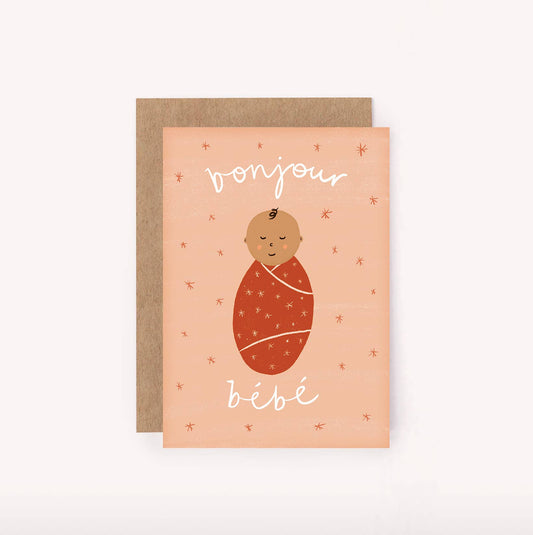 Lauren Sissons Studio - Bonjour Bebe Pink Mini Card - New Baby Cute Shower Greeting