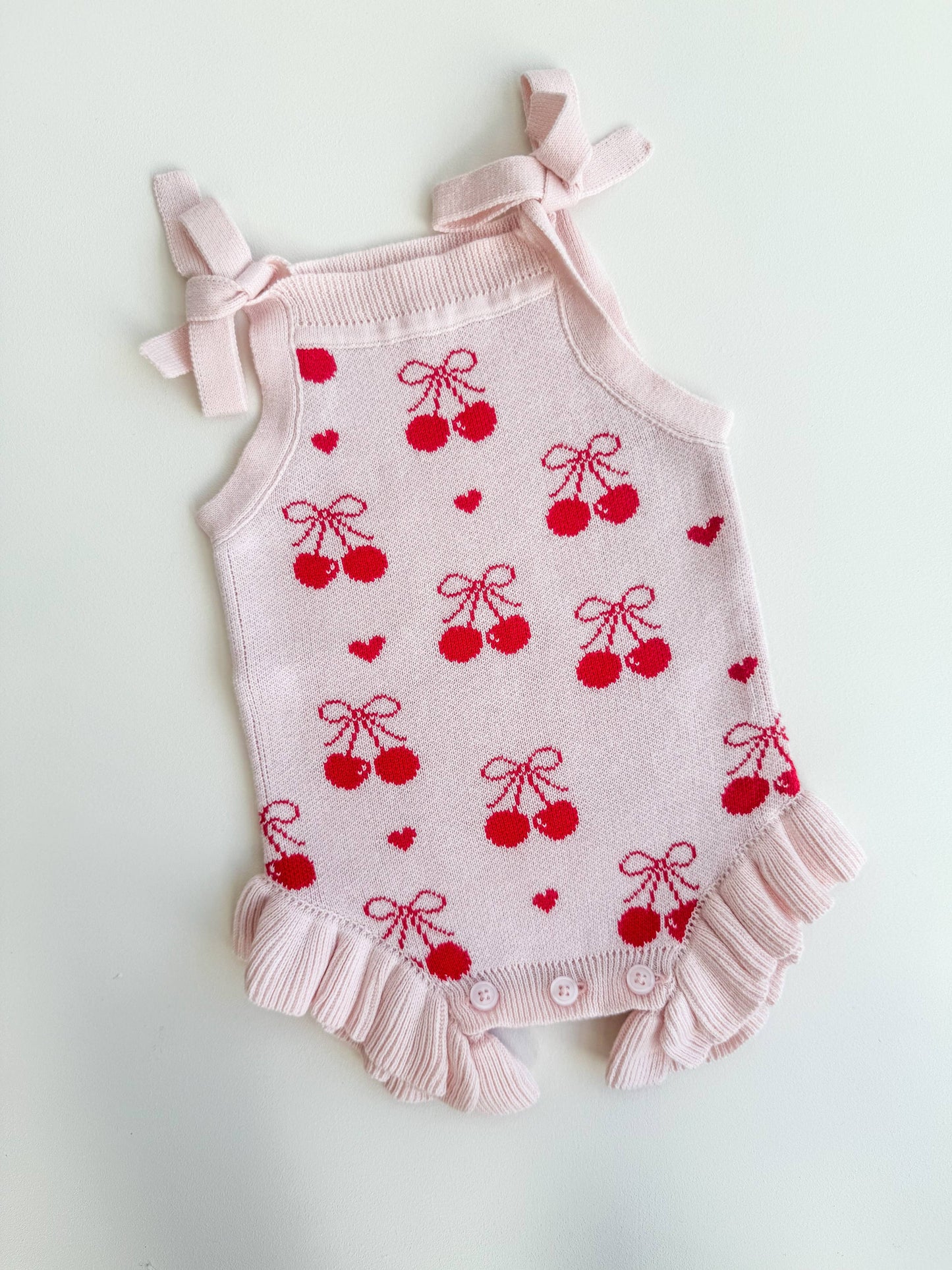 Petite + Co - Summer Cherry Heart Bow Frill Romper - Baby Pink