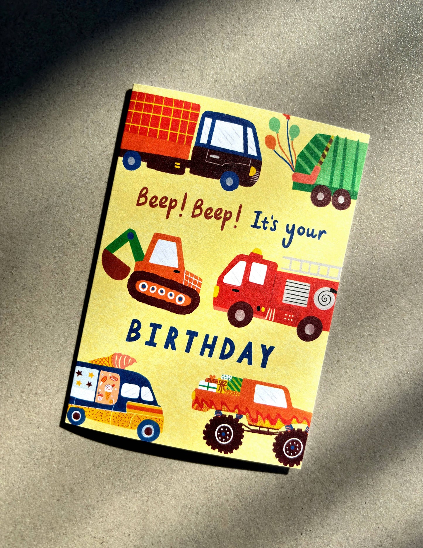 Lauren Sissons Studio - Vehicles Happy Birthday Card - Cute Kids Trucks Digger Bday
