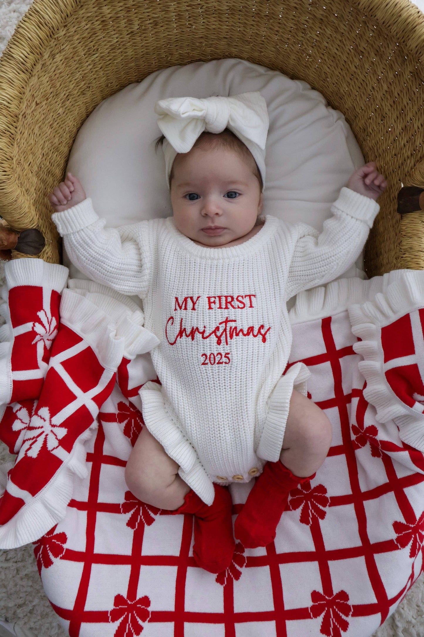 Petite + Co - FRILL CHECK BOW BLANKET| RED + MILK | REVERSIBLE