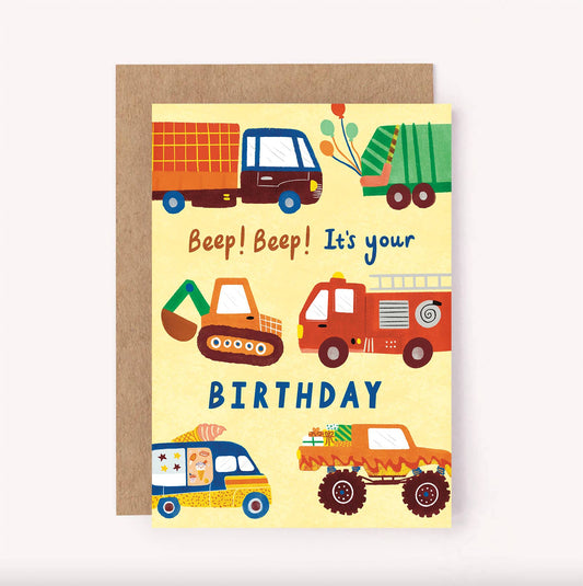 Lauren Sissons Studio - Vehicles Happy Birthday Card - Cute Kids Trucks Digger Bday