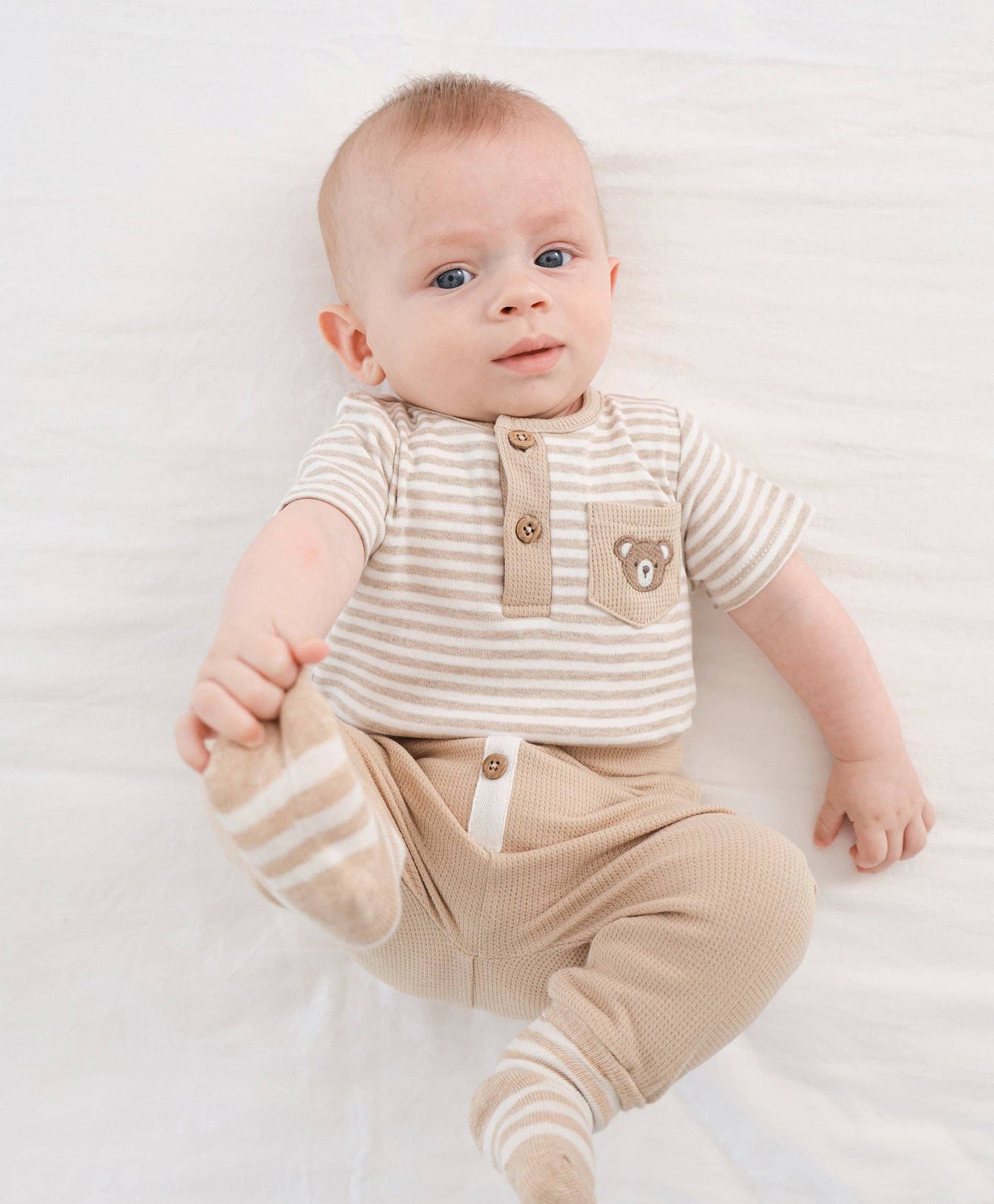 Lūmmi in Colour Babywear - Organic Cotton Short Sleeve Bodysuit - Bear & Oat Stripes