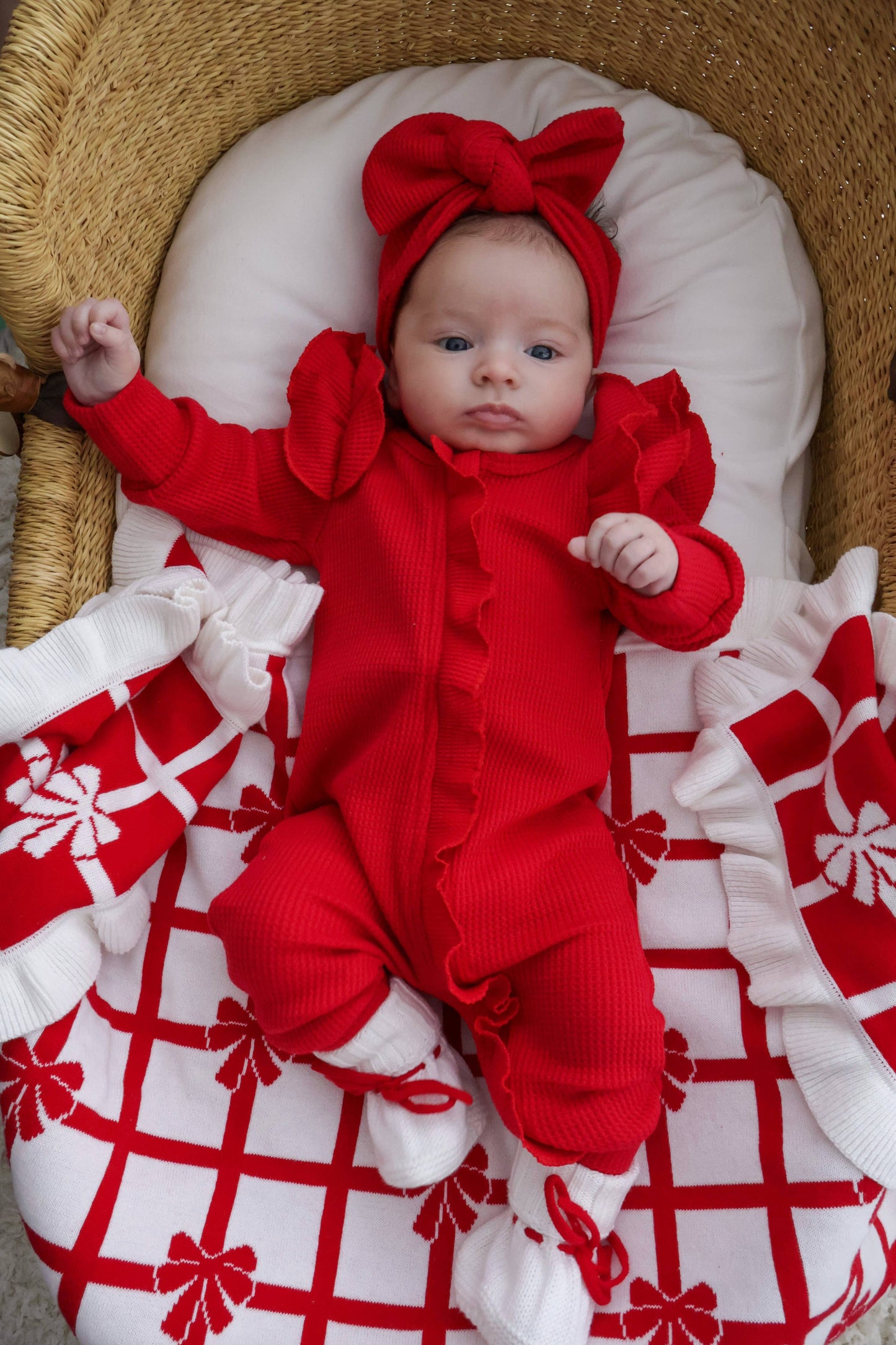 Petite + Co - FRILL CHECK BOW BLANKET| RED + MILK | REVERSIBLE