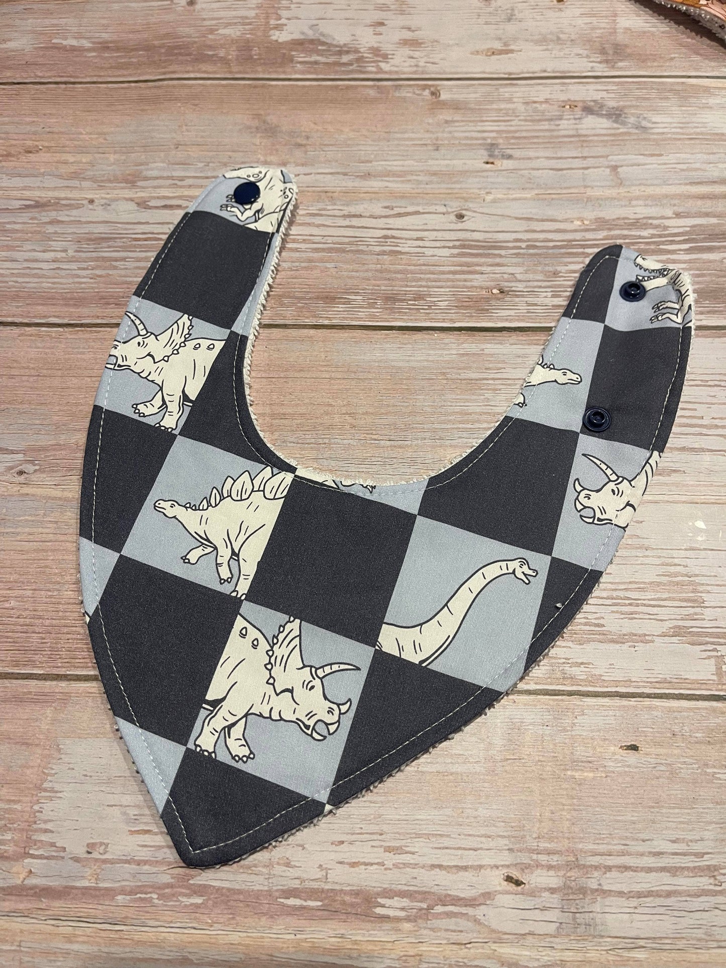 Finished with a Kiss - Dribble Bib, Bandanna Bib, Baby Bib - Checked Dino