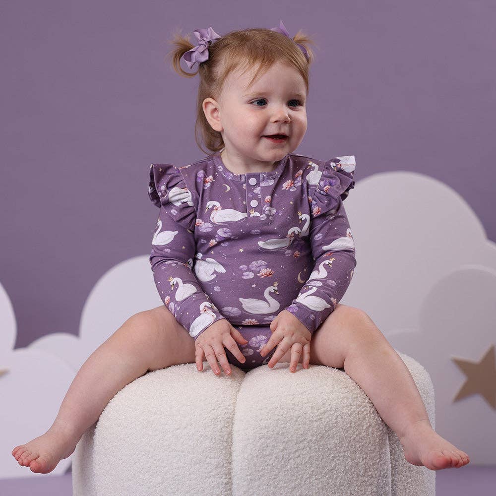 Snuggle Hunny - Midnight Swan Long Sleeve Organic Bodysuit with Frill