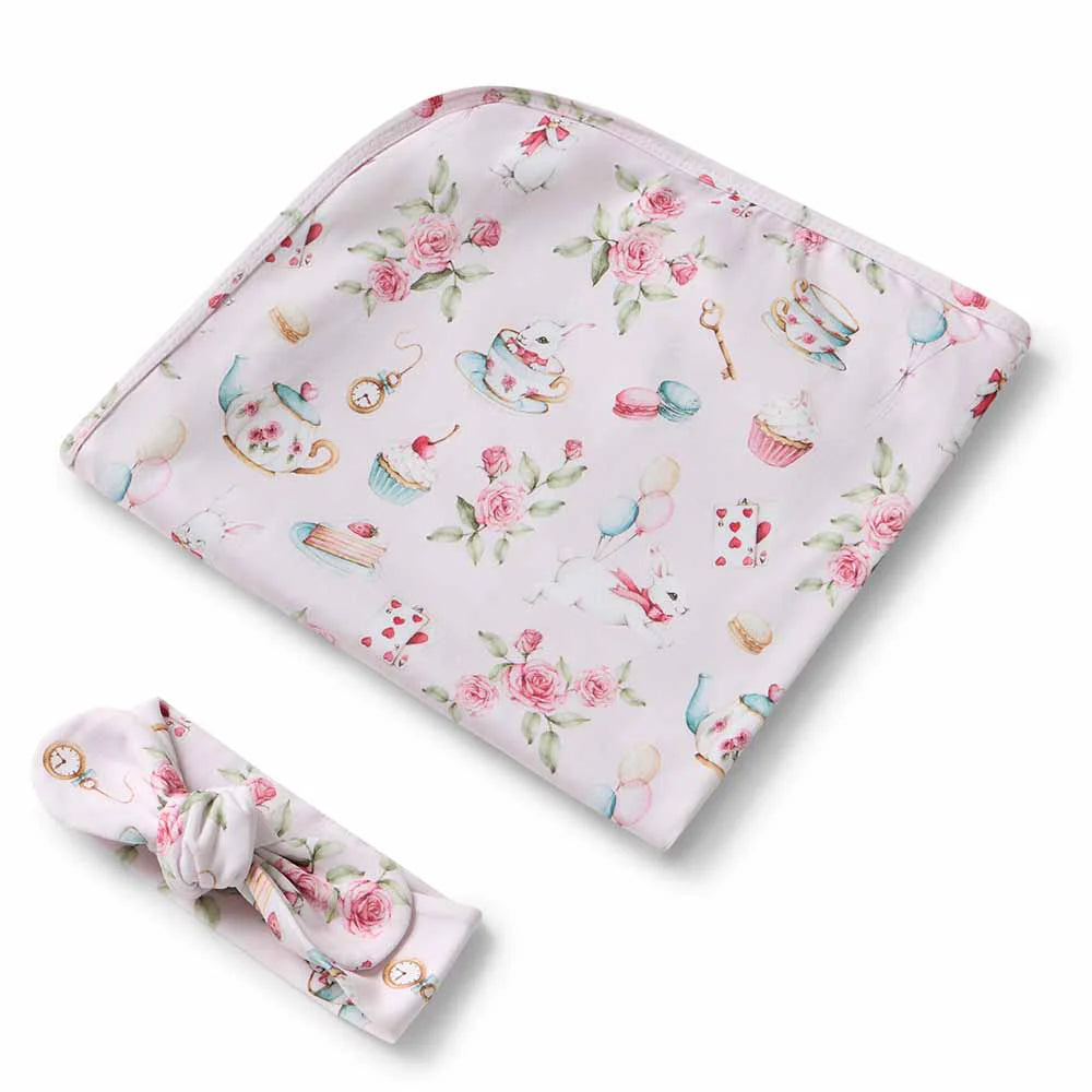 Snuggle Hunny - Alice's Tea Party Organic Jersey Wrap and Topknot Set
