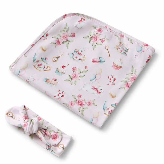 Snuggle Hunny - Alice's Tea Party Organic Jersey Wrap and Topknot Set