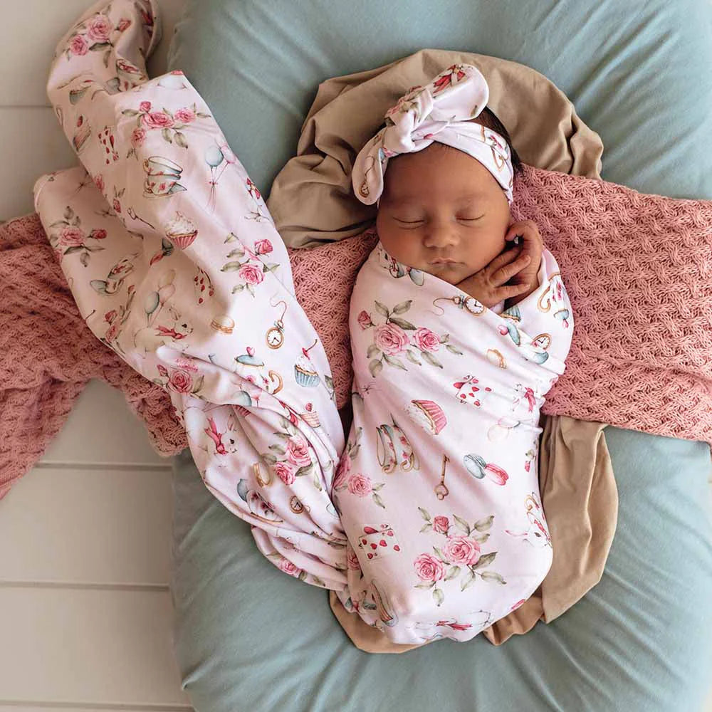 Snuggle Hunny - Alice's Tea Party Organic Jersey Wrap and Topknot Set