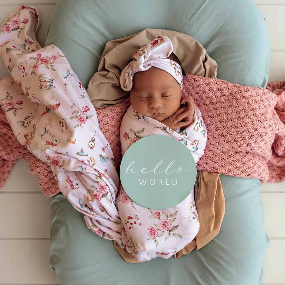 Snuggle Hunny - Alice's Tea Party Organic Jersey Wrap and Topknot Set