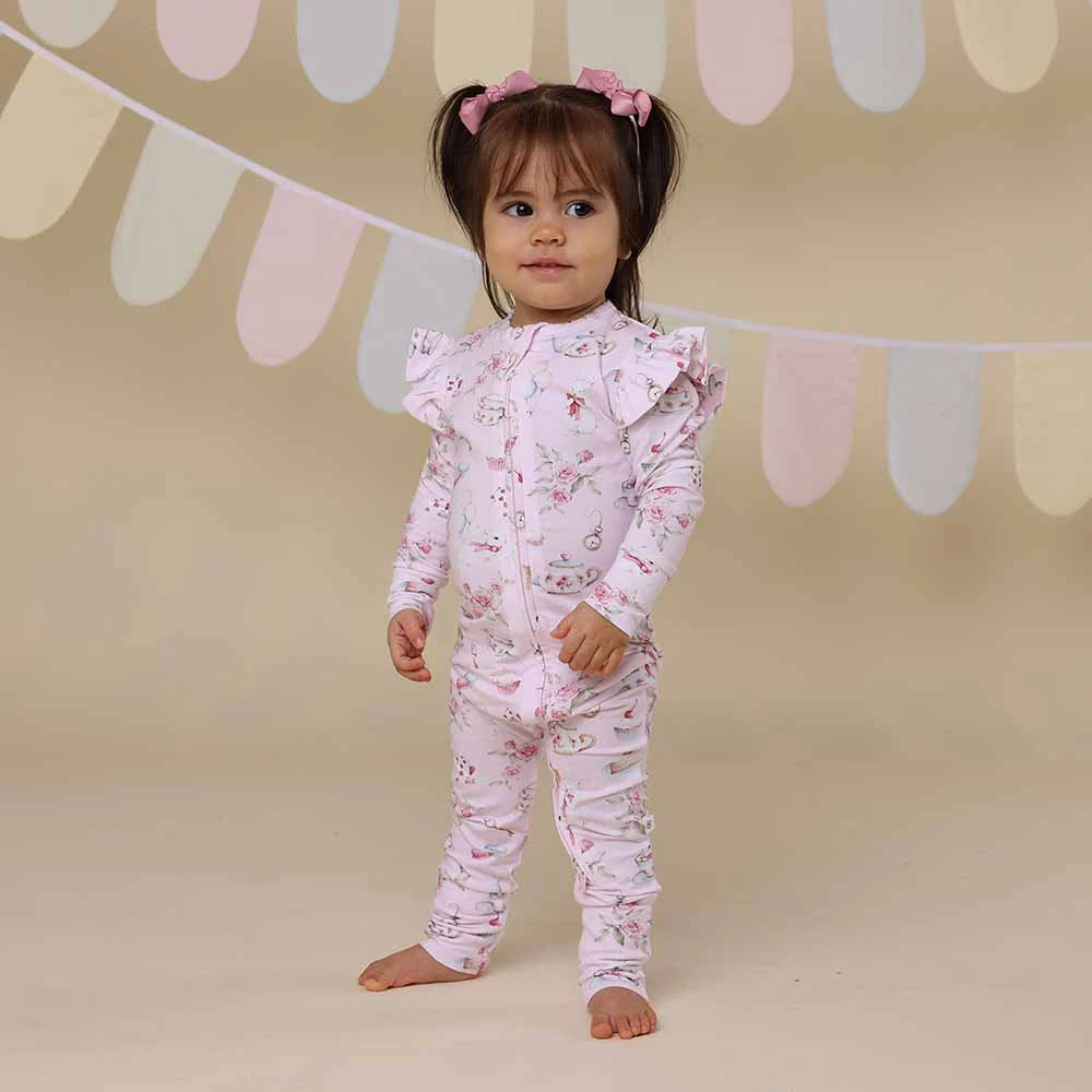 Snuggle Hunny - Alice's Tea Party Organic Snugglesuit Convertible Romper with Frill