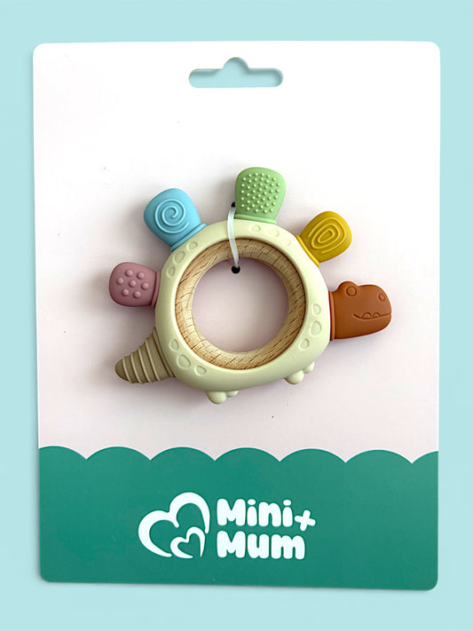 Dinosaur Sensory Silicone and Wood Teething Ring