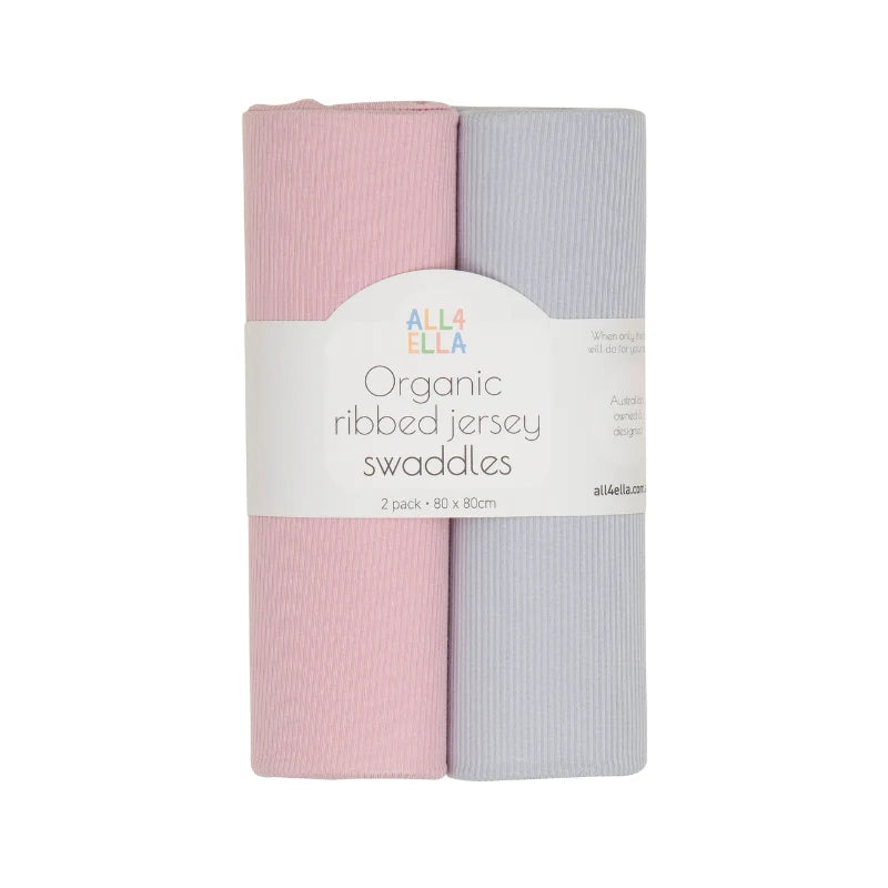 All4Ella - Ribbed Jersey Swaddles 2pk - Pink & Grey