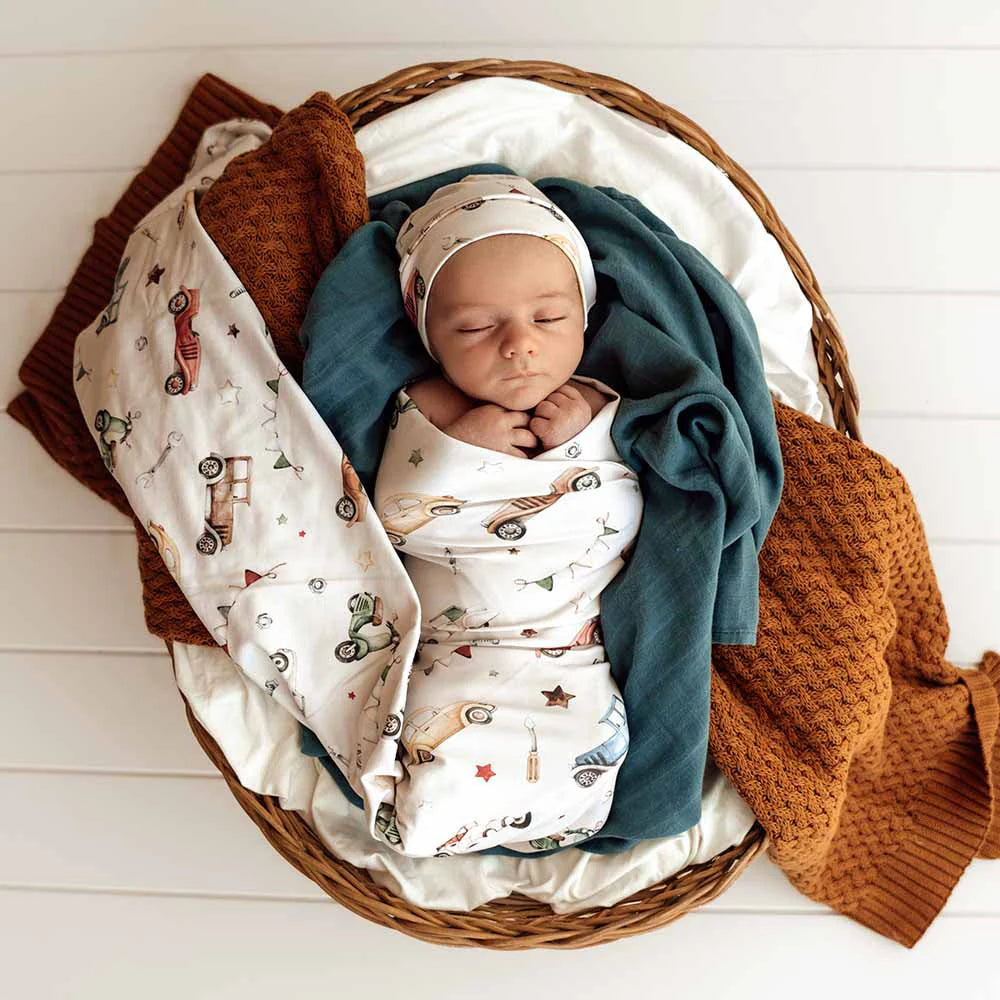 Snuggle Hunny - Vintage Cars Organic Jersey Wrap and Beanie Set