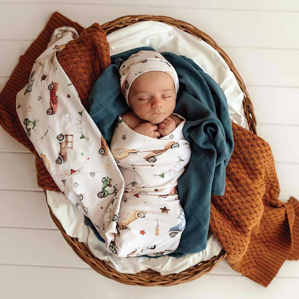 Snuggle Hunny - Vintage Cars Organic Jersey Wrap and Beanie Set