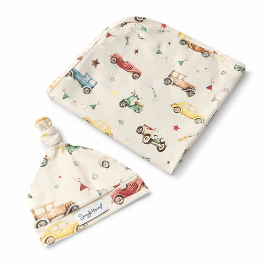 Snuggle Hunny - Vintage Cars Organic Jersey Wrap and Beanie Set