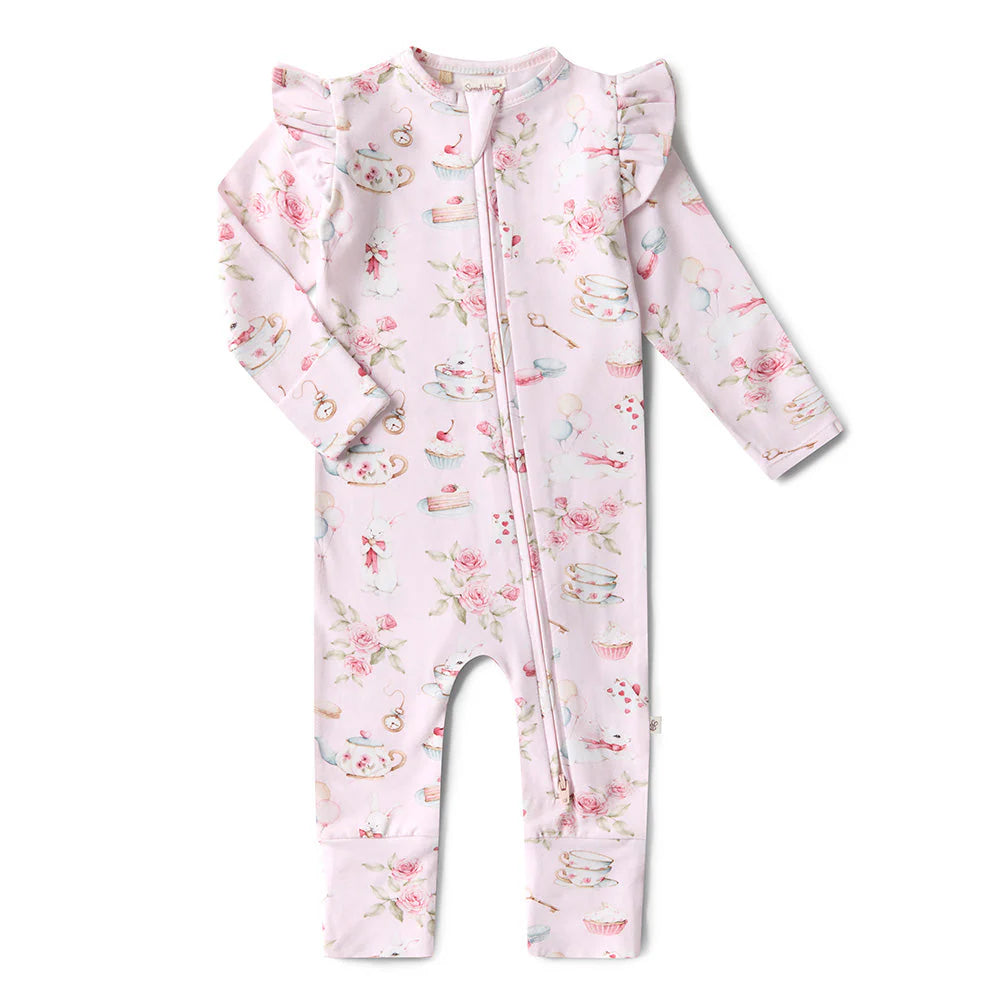 Snuggle Hunny - Alice's Tea Party Organic Snugglesuit Convertible Romper with Frill