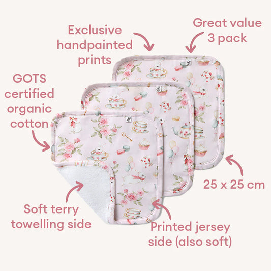 Snuggle Hunny - Alice’s Tea Party Organic Wash Cloths - 3 Pack