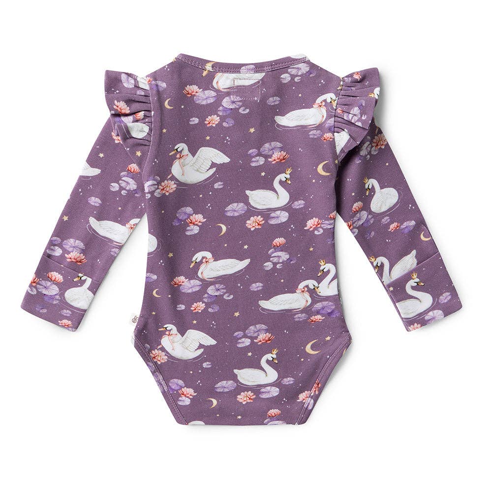 Snuggle Hunny - Midnight Swan Long Sleeve Organic Bodysuit with Frill