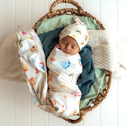 Snuggle Hunny - Beach Fun Organic Jersey Wrap & Beanie Set