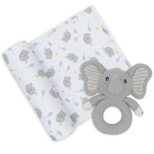 Living Textiles - Jersey Swaddle & Rattle - Mason/Elephant