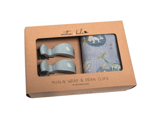 Emotion & Kids - Dinosaurs of World Muslin Wrap & Dusty Blue Pram Clip Set
