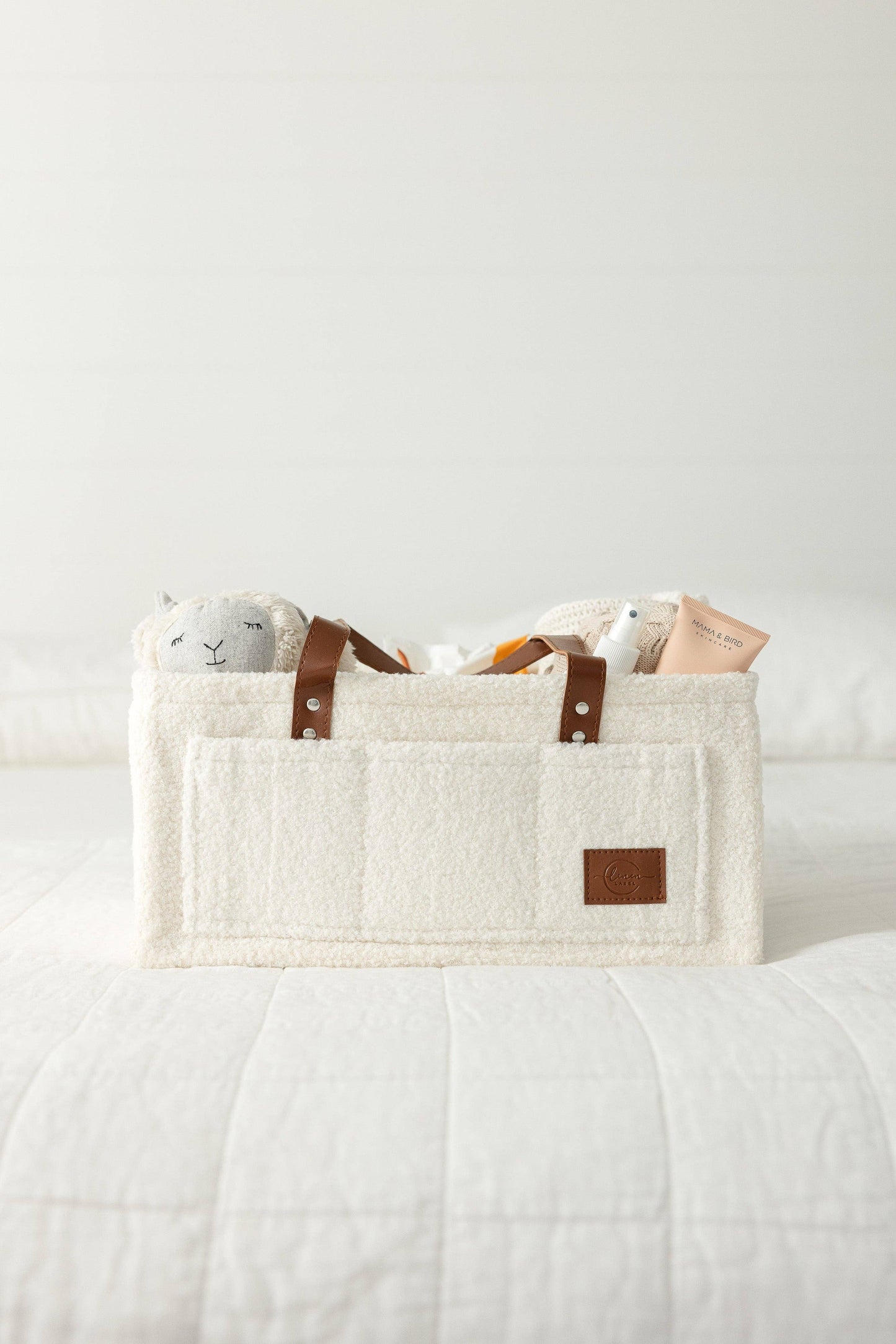 Nappy Caddy Snow- Large Organiser With Choc Handles- Linen Label