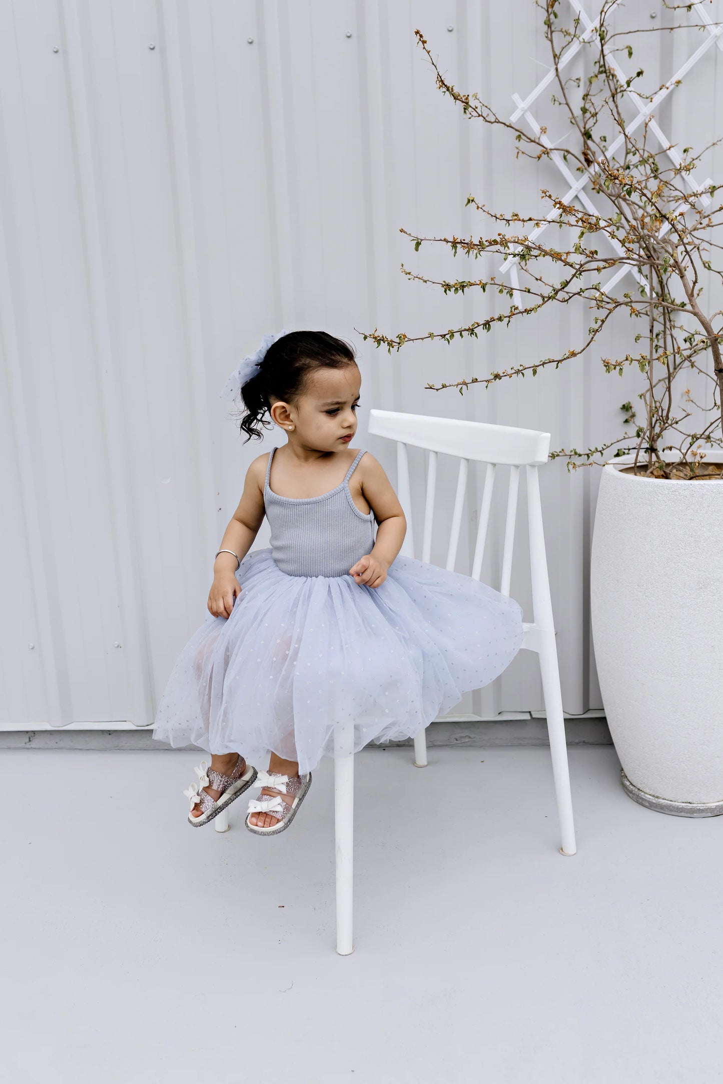 Confetti Kidz - Dusty Blue Dots Ribbed Tulle Dress