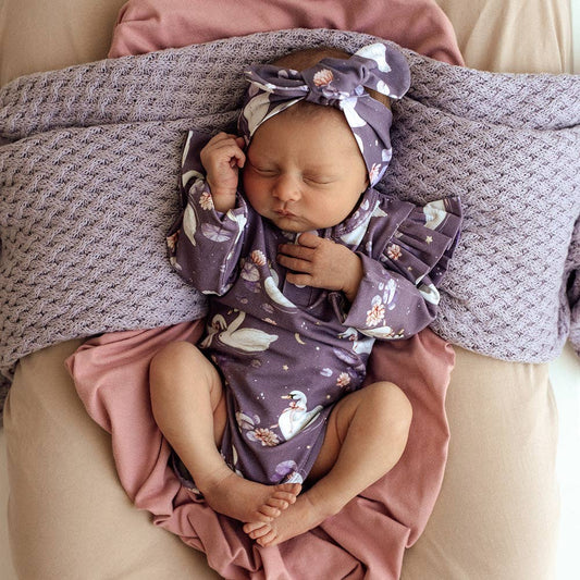 Snuggle Hunny - Midnight Swan Long Sleeve Organic Bodysuit with Frill