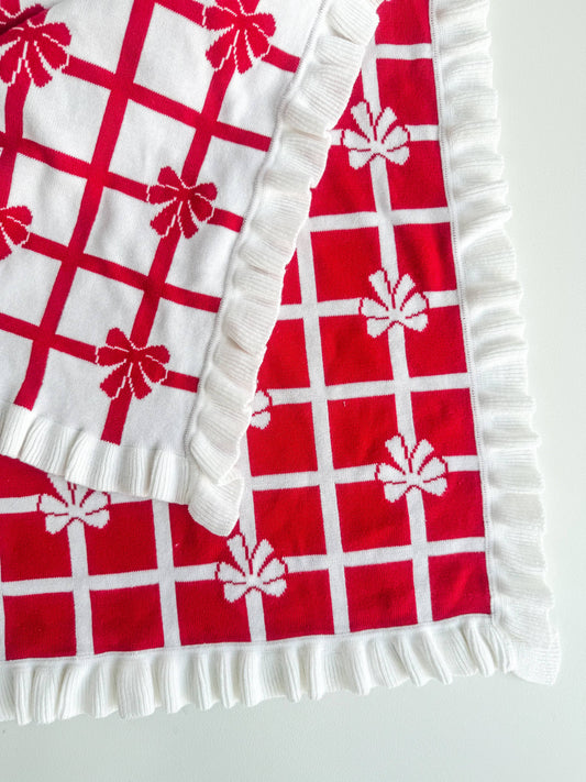 Petite + Co - FRILL CHECK BOW BLANKET| RED + MILK | REVERSIBLE
