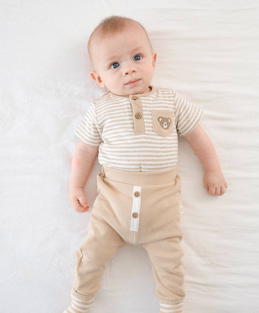 Lūmmi in Colour Babywear - Organic Cotton Short Sleeve Bodysuit - Bear & Oat Stripes